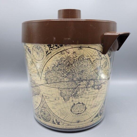 Vintage Thermo-Serv West Bend USA Brown Lid Ice Bucket With World Map Design - Picture 9 of 15